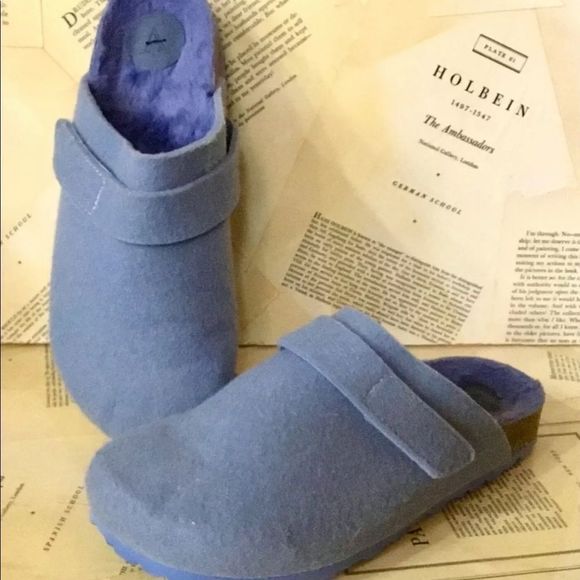 Anthropologie Shoes - Anthropologie Ashleigh Felted Wool Clog Blue Faux Fur Lined Footbed